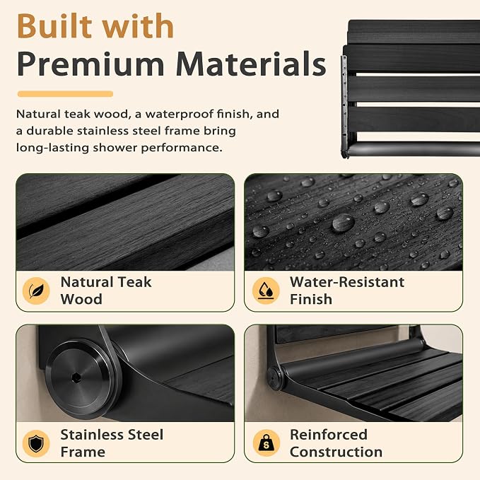 Folding Shower Seat Teak, Bathla Safety Furniture Stainless Steel, Shower Seats for Elderly, Fold Down Shower Seat, Black Wood