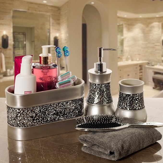 Creative Scents Crackled Glass Silver Hand Soap Dispenser for Bathroom, | Decorative Countertop Lotion Dispenser, Elegant Liquid Soap Dispenser with Sturdy Pump for Classic Bathroom Décor