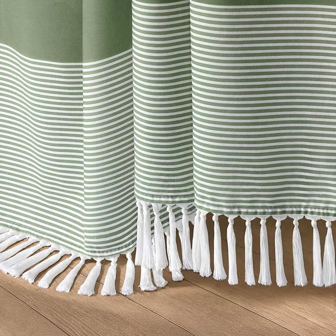 Sage Green Boho Cotton Striped Shower Curtain with Tassel 72"W X 78"L | Long Boho Farmhouse Shower Curtains for Bathroom with Soft Cotton Feel