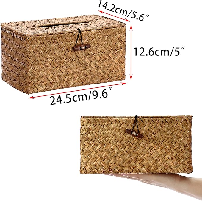 Sumnacon Large Tissue Box Cover Rectangle Seagrass Tissue Holder,Caramel | Decorative Tissue Box Cover Rectangular with Lid for Bathroom Woven Tissue Box Holder for Home Office Table Fits Up to 230T