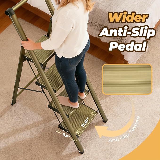 HBTower 4 Step Ladder, Lightweight Aluminum Folding Step Stool | Anti-Slip Wide Pedal, 330lbs Capacity Step Ladder for Household Kitchen Office, Gold