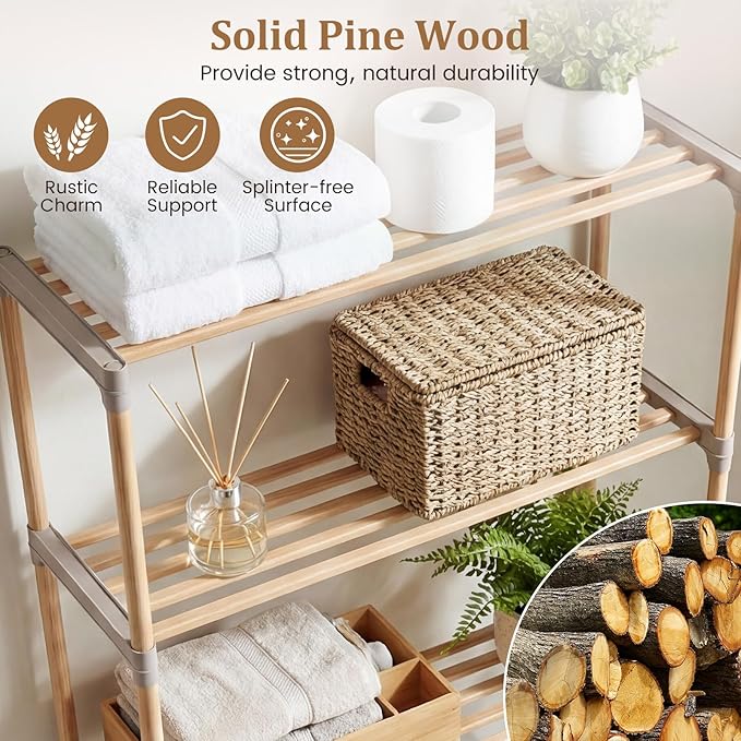 Giantex Over The Toilet Storage Shelf, 3-Tier Pine Wood Space-Saving Above Toilet Shelf Rack, Freestanding Over Toilet Bathroom Organizer for Laundry, Balcony, Restroom