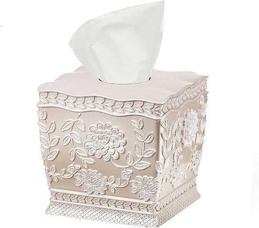 Resin Tissue Box Cover for Modern Home Decor - Minimalist Square Tissue Box Holder for Guest Room, Bedroom, Bathroom, Tabletop & Office - Durable and Aesthetic Tissue Holder, Rose Vine