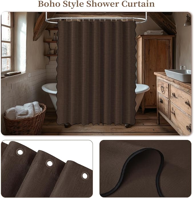 84x72 Boho Scalloped Linen Textured Cloth Shower Curtain Set, Brown | Wide Size, 230GSM Waterproof Polyester, Heavy Duty Fabric, 14 Plastic Hooks, Elegant Modern Farmhouse Style, Machine Washable
