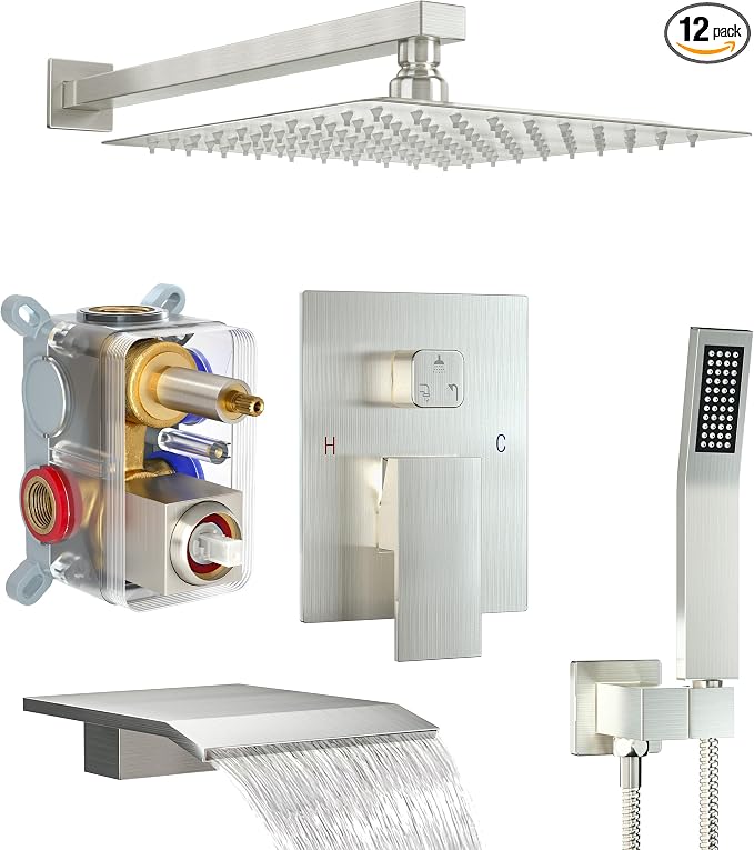 Shower System with 10-Inch Rain Head and Tub Spout | All-Metal Tub Shower Faucet Set, Wall Mounted Rain Showerhead, Handheld Spray, Includes Valve and Trim Kit, Brushed Nickel