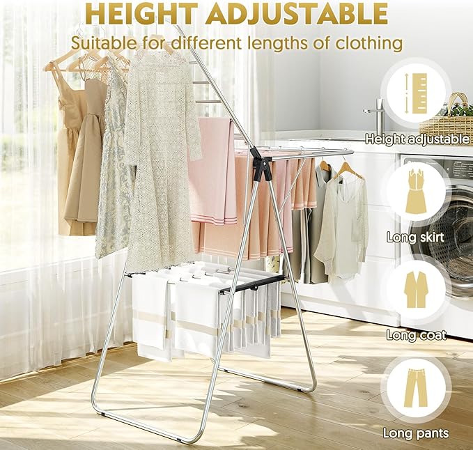 Large Stainless Steel Clothes Drying Rack | Drying Rack Clothing with Height-Adjustable, Foldable Gullwings Laundry Drying Rack, Indoor Outdoor Use, No Assembly, Black