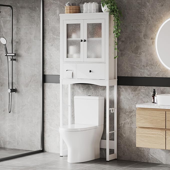 Garvee Over-The-Toilet Storage Rack, Vintage Bathroom Organizer | MDF Shelves & Steel Frame, Space-Saving Toilet Shelf for Small Bathrooms, Bathroom Cabinet for Towels & Toiletries, White