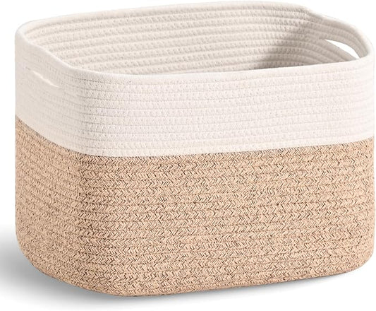 ICERZCZ Woven Cotton Rope Storage Basket for Organizing, Cute Decorative Baskets for Gifts Empty, Organizer Bins for Dog Toy, Baby Laundry, 15“×11”×9.5“, Off White & Brown