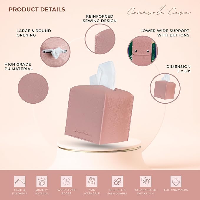 Premium PU Leather Tissue Box Holder - Elegant Hotel-Style Tissue Box Cover for Home, Office & Car Décor, Tissues Cube Organizer for a Natural & Classic Look (Pink 2 Pack)