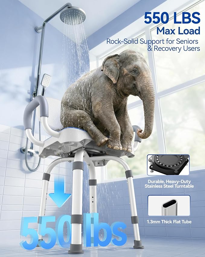 KingPavonini 360° Swivel Shower Chair for Inside Shower, 550 LB Heavy Duty | Stable Flat Tube Frame, Shower Chair for Elderly and Disabled, 360° Swivel with 90° Lock, M-Shaped Anti-Slip Seat, Tool-Free