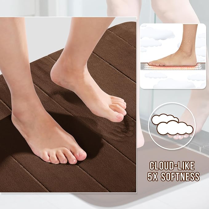 Yimobra 3 Pieces Memory Foam Bath Mat Set with U-Shaped Toilet Rug - Non Slip Super Soft Absorbent Quick Dry Bathroom Rugs for Bathtub, Vanity & Toilet Base, Brown