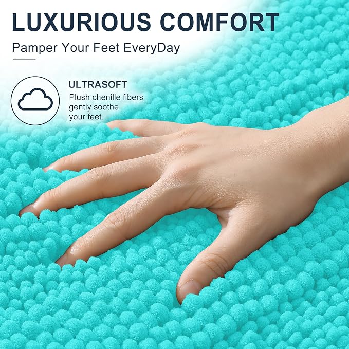 Smiry Thick Chenille Bathroom Runner Rugs 59x24, Absorbent Bath Mat, Teal | Quick‑Dry & Machine Washable, Non‑Slip Bath Carpet, Soft Striped Bath Rugs for Tub & Shower, Modern Home Decor Accessories