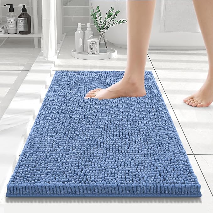 Smiry Bathroom Rugs 24X16, Luxury Chenille Extra Soft Absorbent Bath Mat | Cornflower Blue, Machine Washable Non-Slip Plush Bath Mats for Bathroom, Tub, Shower, and Floor, Home Decor