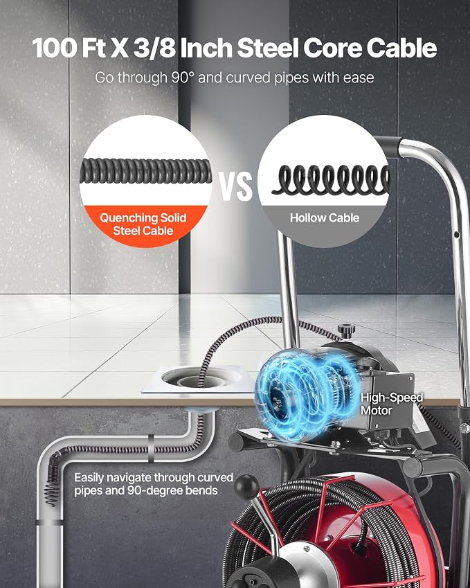 VEVOR Drain Cleaner Machine 100FT x 3/8 Inch, Auto Feed Sewer Snake Auger on Wheels, 370W Portable Drain Cleaning Machine with 8 Cutters & Air-activated Foot Switch for 2" to 4" Pipes