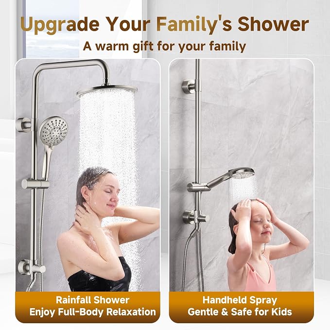 BRIGHT SHOWERS Rain Shower Heads System - 9 Inch Rainfall Shower Head and Handheld Shower Head with Height Adjustable Holder, Solid Brass Rail and 60" Long Stainless Steel Shower Hose, Brushed Nickel