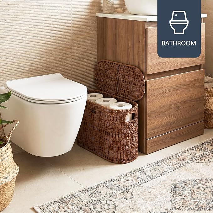 Coeusy Toilet Paper Storage Basket with Lid, Paper Rope Toilet Paper Holder for Up to 6 Mega Rolls, Wicker Basket for Bathroom Accessories Organizer, Boho Hand Woven Rattan Decorative Decor, Brown
