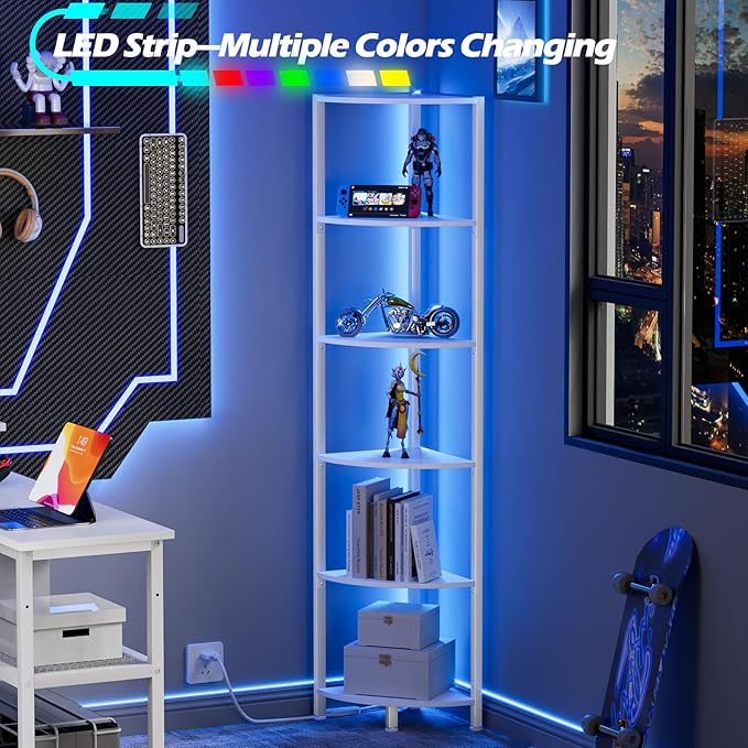 6 Tier Corner Shelf with LED Light, 67.5" White Narrow Bookshelf | Tall Standing Shelf Organizer, Storage Rack for Wall Corner, Living Room, Bedroom, Metal Frame, Wood Display Shelf