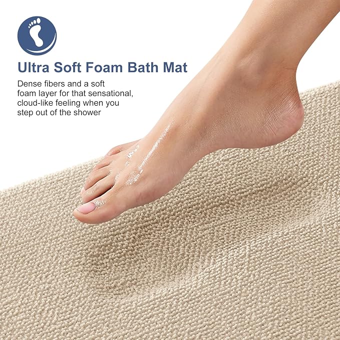 OLANLY Memory Foam Large Bathroom Rugs 59x35, Absorbent Bath Mat, Beige | Soft Quick Dry Bath Rugs, Non-Slip Carpet, Machine Washable Mat for Bathroom Floor, Tub and Shower, Home Decor Accessories