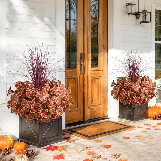 florisso Fall Artificial Coleus Plants Outdoot with Burgundy Grass 5Pcs | Faux Fall Plants UV Resistant Silk Plants with Stems, Fake Plants for Outside Garden Patio Planter Pathway Front Porch
