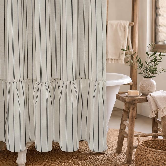 Yinhua Farmhouse Linen Shower Curtain with Ruffle, Black Striped Waterproof Shower Curtains for Bathroom, Country Vintage Bath Curtain with 12 Metal Hooks, Weighted Washable Fabric, 72" W x 84" L