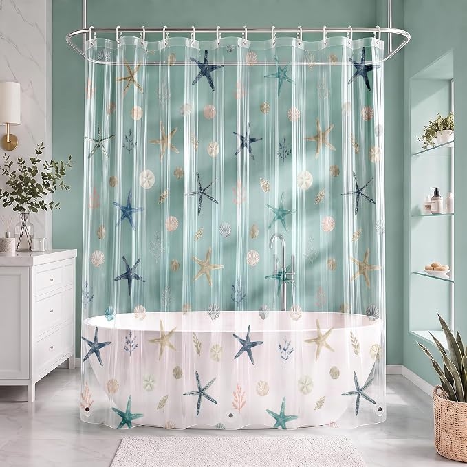 Clear Shower Curtain Liner, Starfish Seashell PEVA, 72x72 Inch | Ocean Sea Star Waterproof Bath Plastic Shower Curtains Set with 3 Weighted Magnets and 12 Hooks for Bathroom Decor