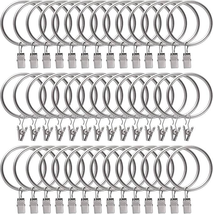 Lansian 44 Pack Curtain Rings with Clips Hooks 2 in Diameter Rustproof | Metal Stainless Steel Drapery Rings for Tension Rod Bracket Eyelets Decorative Hanger, Fits 1.88 in Rods, Matte Silver