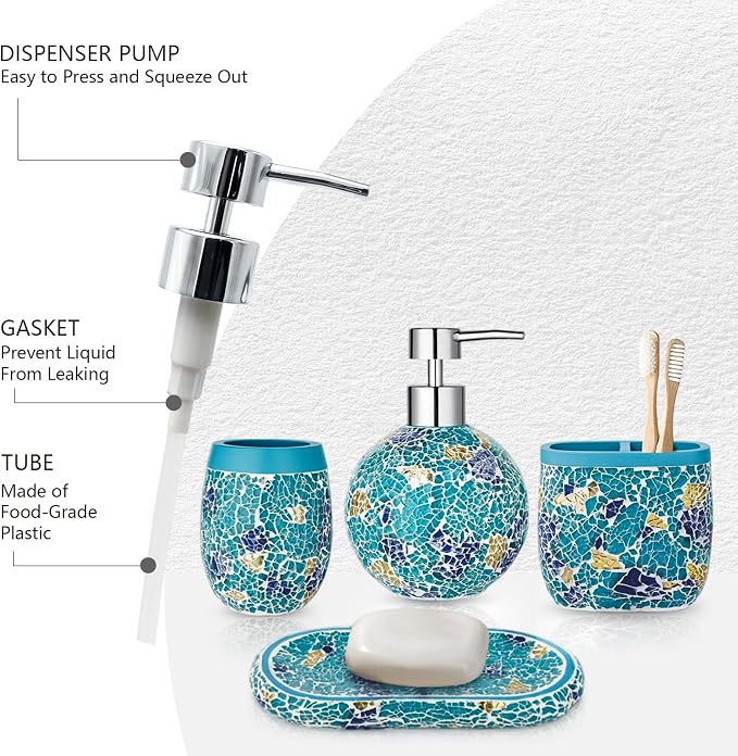 Handmade Blue Mosaic Glass Bathroom Accessory Sets 4PCS Bathroom Accessories Set Complete Includes Lotion Dispenser Toothbrush Holder Tumbler Cup & Vanity Tray