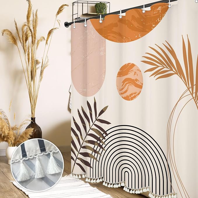 Boho Mid Century Leaf Shower Curtain Set,Arch Sun Design,Minimalistic Leaves Pattern,Waterproof and Luxurious Fabric-12 Hooks(Orange-72" x 96")