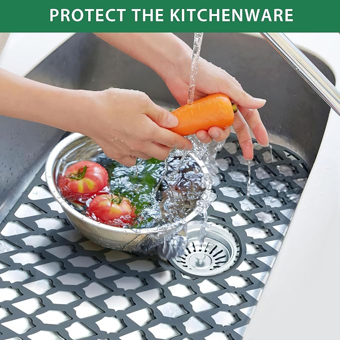 Silicone Sink Protector for Multi-Size Kitchen Sink(19"x14", Rear Drain) | Flexible and durable, heat-resistant, machine washable, non-slip, gray grid.