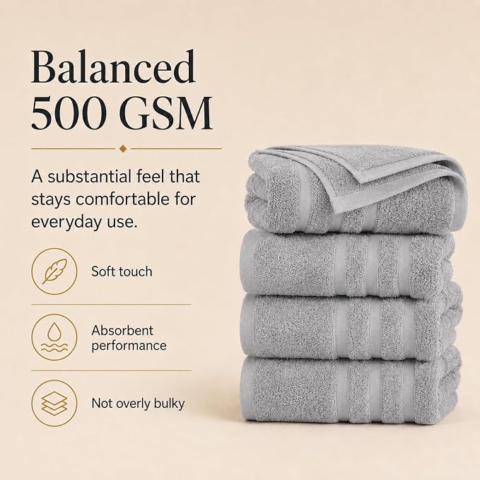 Velqora Bath Towels 4 Pack, 30x60 in, 100% Cotton, Soft, Multicolor | Pink, White, Light Gray & Sage Green Mix | Absorbent Terry | Balanced Weight | Easy Care