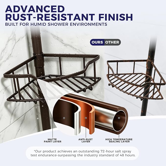 Corner Shower Caddy Tension Pole, 4-Tier Fan-Shaped Adjustable Rustproof Bathroom Organizer Shelves, 47"-125'', No-Drill Quick Installation for Inside Shower, Bathtub, Brown (BROWN)
