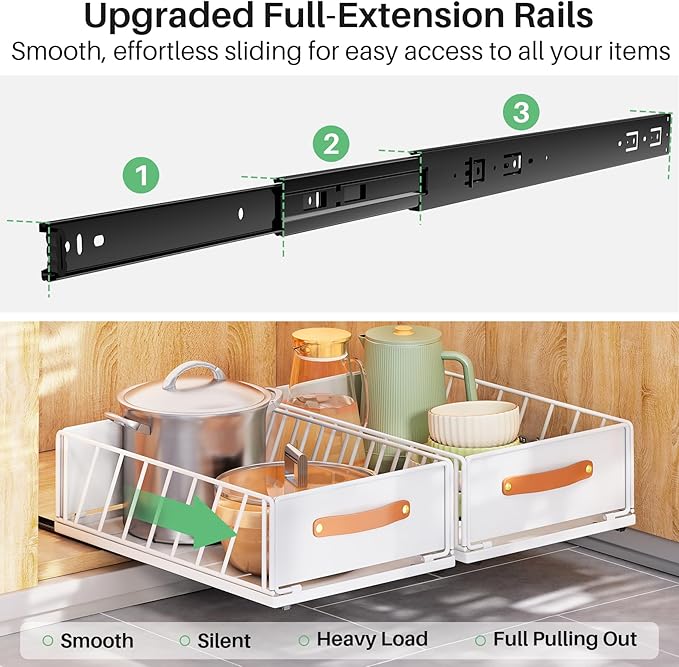Pull out Cabinet Organizer,Heavy Duty Slide out Pantry Shelves Drawer Storage with Adhesive Nano Film,Sliding Mesh Cabinet Basket with Handle for Kitchen, Bathroom, Home, 11.8W" X 15.7"D X 6.2"H,White