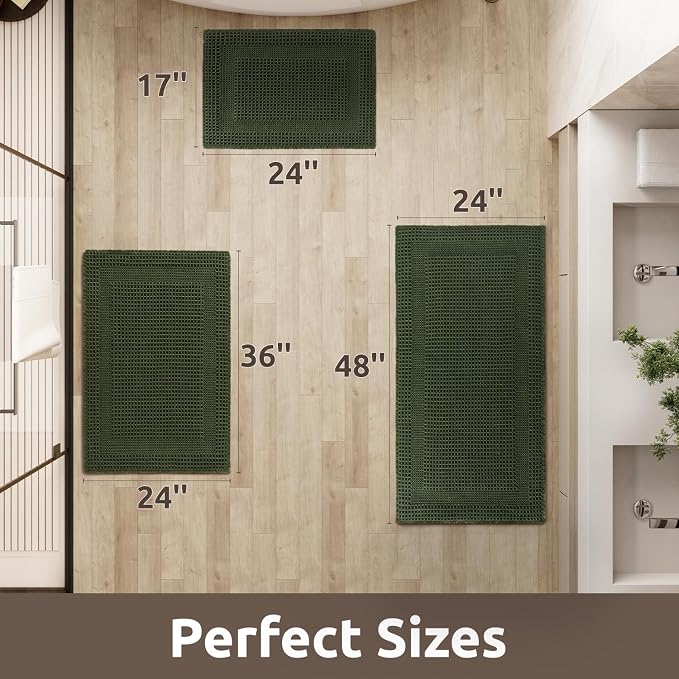 AMOAMI Waffle Bath-Mat, Absorbent Bath Mats for Bathroom Non Slip, Machine Washable Bathroom Rugs with Tassels Ultra Soft Boho Bath Rugs for Floor 24"x36" Dark Green