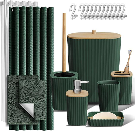 Clara Clark Bathroom Set, Bathroom Sets with Shower Curtain and Rugs | 22 Piece Hunter Green Bathroom Accessories Set with Toothbrush Holder, Soap Dispenser, Soap Dish, Toilet Brush, and Trash Can