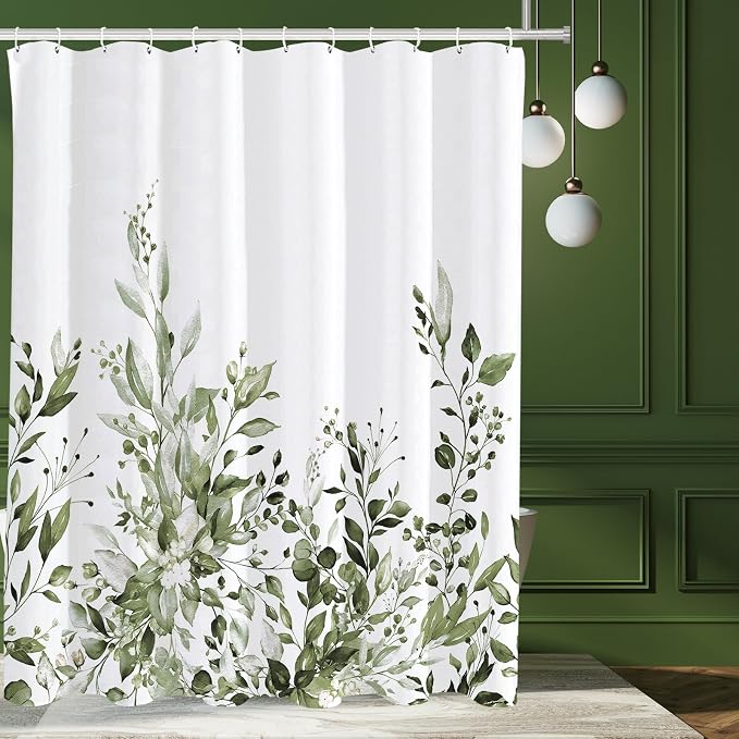 Tititex Olive Green Eucalyptus Shower Curtain Sets, Watercolor Leaves Plant with Floral Bathroom Decoration 71x71 Inch with Hooks