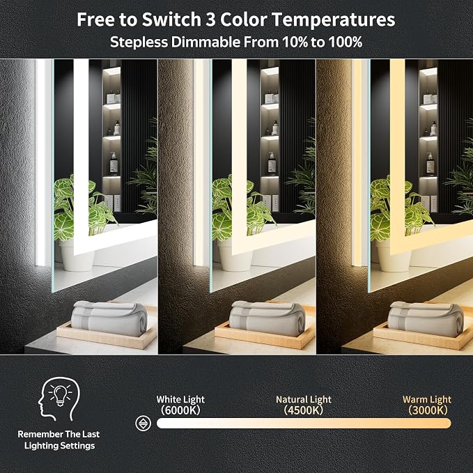 72"x36" LED Bathroom Mirror with Lights, Backlit+Frontlit, Anti-Fog | CRI 95, Stepless Dimmable, 3 Colors Lighting, Shatterproof Tempered Glass, HD Reflection, Memory, (Horizontal/Vertical)
