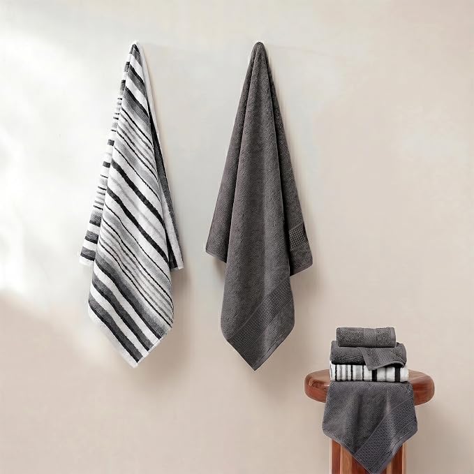 Modern Threads Pax 6-Piece Reversible Yarn Dyed Jacquard Towel Set - Bath Towels, Hand Towels, & Washcloths - Super Absorbent & Quick Dry - 100% Combed Cotton, Coal