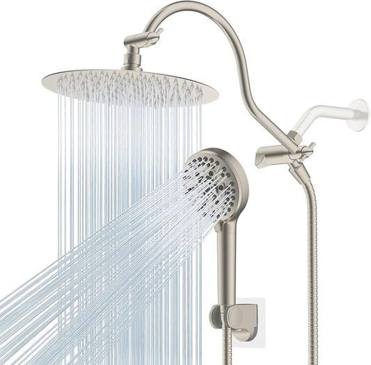 Hibbent All Metal CUPC Certified Shower Head, 10'' High Pressure Rainfall Shower Head, Handheld Showerhead Combo with 12'' Adjustable Extension Arm, 10-Spray, 71'' Hose, Shower Holder, Brushed Nickel