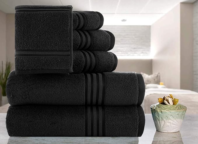 CASA COPENHAGEN 6pcs Bathroom Towel Gift Set, 600GSM, Black | Zero Twist 100% Egyptian cotton,2 Bath Towel , 2 Hand towel , 2 Washcloths Towels. (Gift Set for Women & Men)