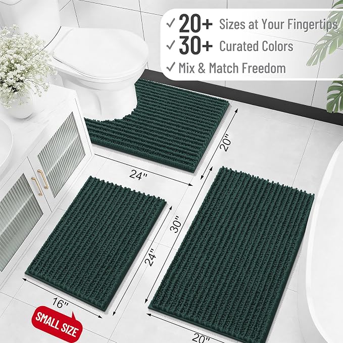 OLANLY Bathroom Runner Rugs 59x24, Thick Soft Absorbent Chenille Bath Rugs | Blackish Green, Quick-Drying Rubber Backing, Long Shaggy Bath Mat, Washable for Floor, Tub and Shower, Home Decor Accessories