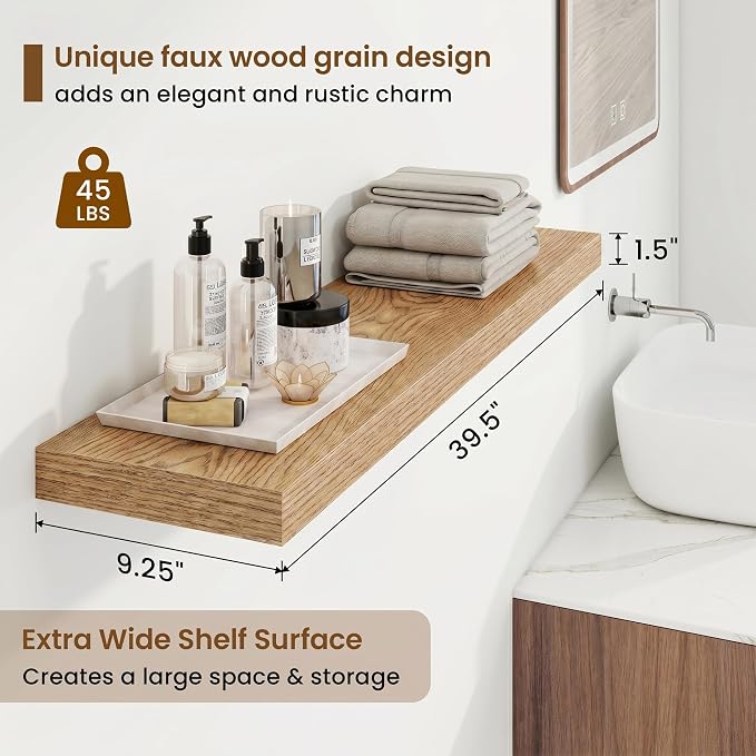 9.25in Depth 40in Floating Shelves, 40x9.25x1.4, Light Brown, Set of 2 | Wall Mounted Engineered Wood Shelves, Invisible Brackets for Living Room, Bedroom, Bathroom, Kitchen Decor and Storage