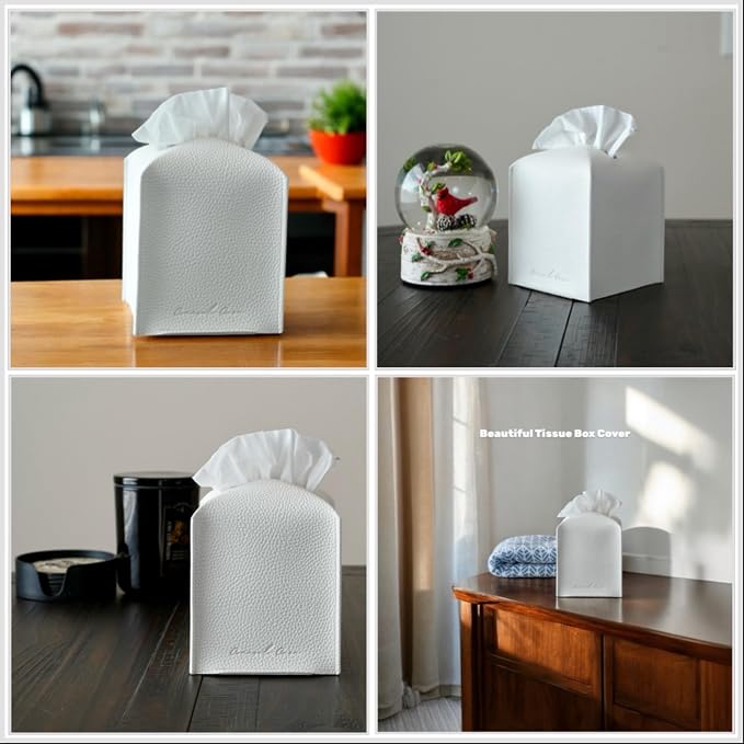 Premium PU Leather Square Tissue Box Holder - Hotel-Style Facial Tissue Box Cover for Bathroom, Bedroom, Office & Home Decor, Cube Tissues Organizer, Classic Look (White)