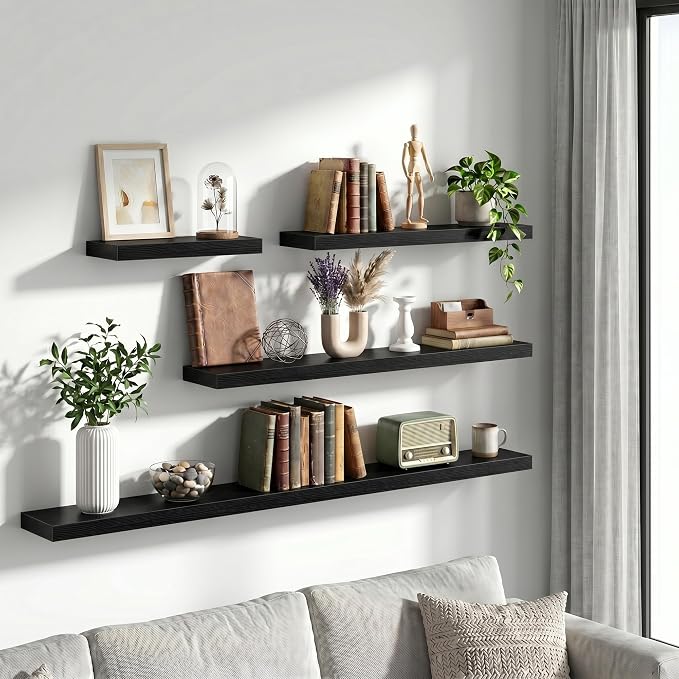 Vivelove 16 Inch Floating Shelves Wall Mounted for Display, 6.5 Deep Duty Shelves with Invisible Brackets for Living Room,Bedroom,Kitchen, Bathroom Storage & Decor,16" Wx6.5 Dx1.4 H - Black