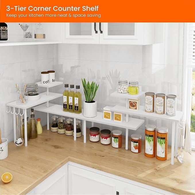 Kitchen Countertop Organizer Corner Shelf, Bathroom Counter Organizers and Storage, 3 Tier Wood Shelf Organizer Space Saver for Make Up, Dresser Table, Desktop, White