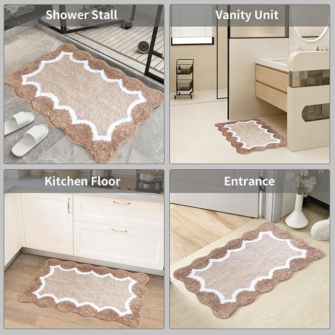 Cute Scalloped Beige Bathroom Rugs Mat,Non Slip Absorbent Quick Dry Bath Mats for Shower Room,Microfiber Bath Mats for Bathroom Floor Washable Carpet for Shower Tub Sink Bedroom,20"x32"