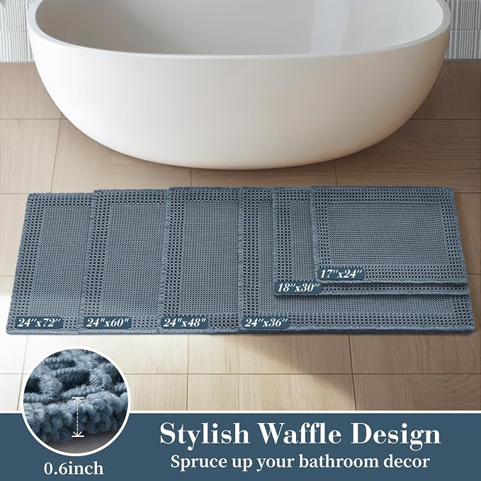 RESARE Waffle Bath Mat for Bathroom, Non Slip Bathroom Rugs 20"x32" Blue | Absorbent Boho Bathroom Floor Mats Machine Washable Quick Dry, Soft Solid Bath Rugs with Tassels, Ideal Farmhouse Home Decor