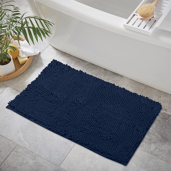 LuxUrux Bath Mat-Extra-Soft Plush Bath Shower Bathroom Rug,1'' Chenille Microfiber Material, Super Absorbent Shaggy Bath Rug. Machine Wash & Dry Navy