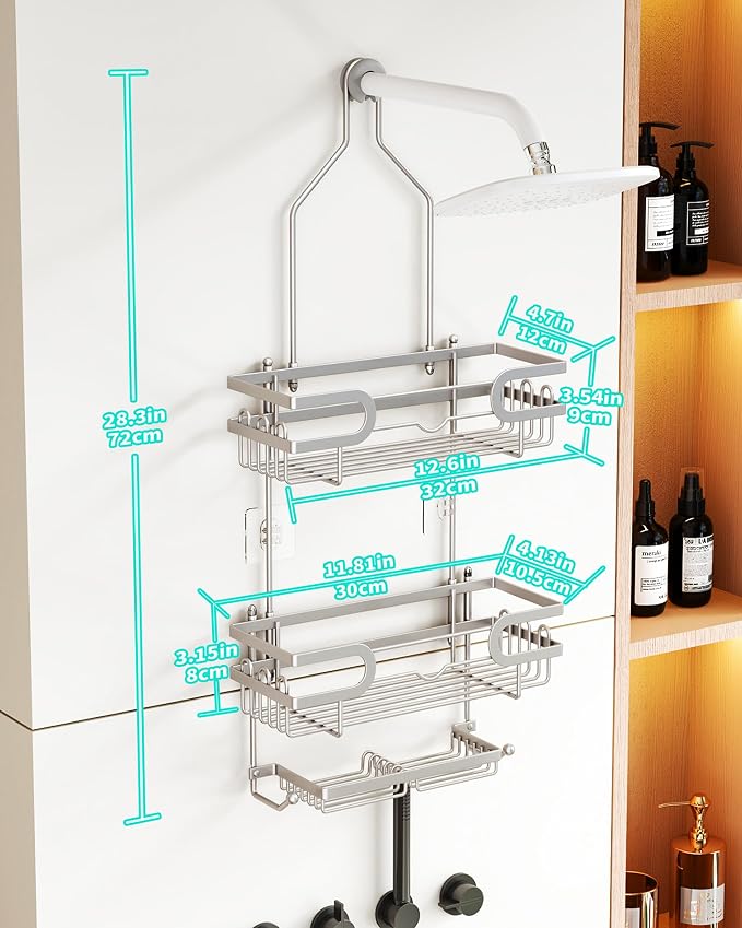 HapiRm Bathroom Hanging Shower Caddy - Rustproof Shower Shelf with 12 Hooks and 2 Soap Holders, No Drilling Bathroom Organizers and Storage - Brushed Nickel