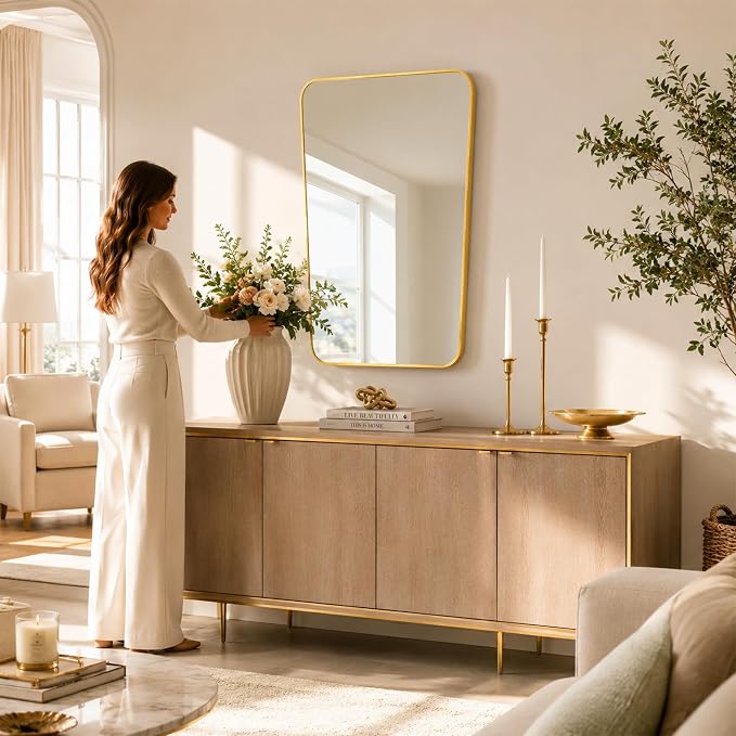Brushed Gold Tapered Rounded Rectangle Bathroom Mirror, 24x36 Inch | Aluminum alloy frame, soft trapezoid shape, tempered glass, reversible vertical keyhole mount