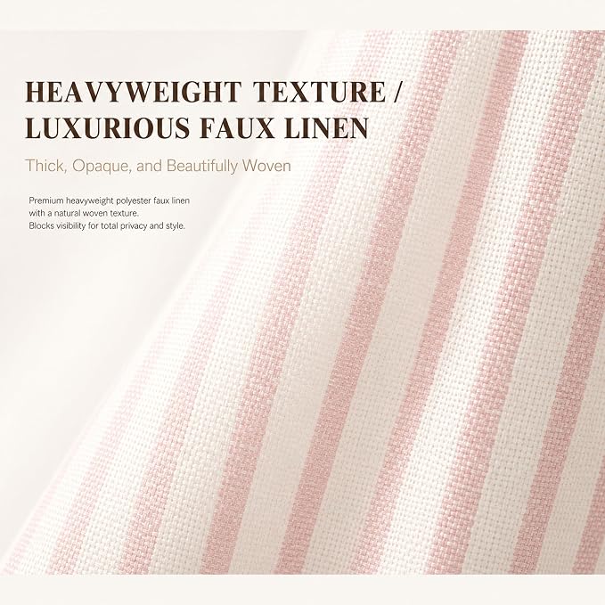Farmhouse Shower Curtain Button Pink Stripe 72" W x 72" L | Farmhouse Style, Chic Button, Striped, Linen Fabric, Rustic, Country, Natural Look, Washable, for Bathroom Bathtub
